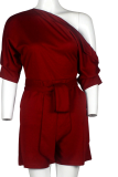 Rose Red Casual Solid Bandage One Shoulder Regular Rompers
