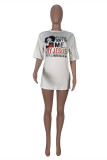 White Fashion Casual Print Basic O Neck Short Sleeve Dress