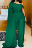 Blue Fashion Solid Patchwork Oblique Collar Regular Jumpsuits
