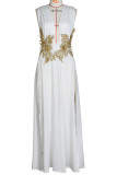 White Elegant Solid Lace Patchwork Backless V Neck Evening Dress Dresses