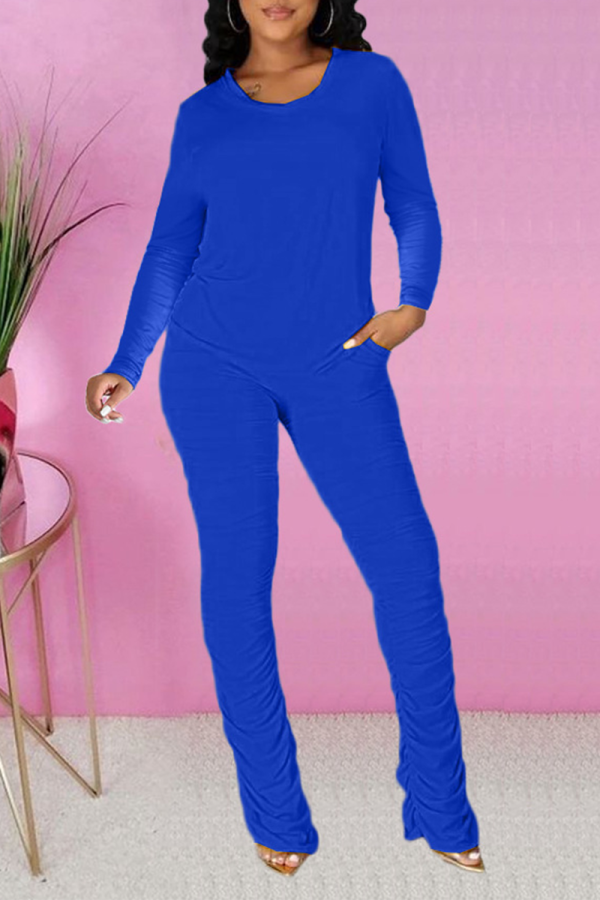 Blue Casual Solid Fold O Neck Long Sleeve Two Pieces