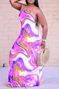 Purple Fashion Sexy Print Backless Halter Sleeveless Dress