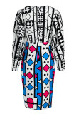 Yellow Blue Fashion Casual Print Patchwork V Neck Long Sleeve Dresses