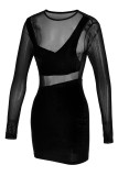 Black Fashion Sexy Patchwork See-through O Neck Long Sleeve Dresses