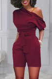 Rose Red Casual Solid Bandage One Shoulder Regular Rompers