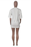 White Fashion Casual Print Basic O Neck Short Sleeve Dress