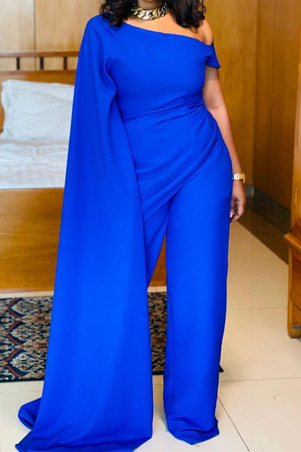 Blue Fashion Solid Patchwork Oblique Collar Regular Jumpsuits