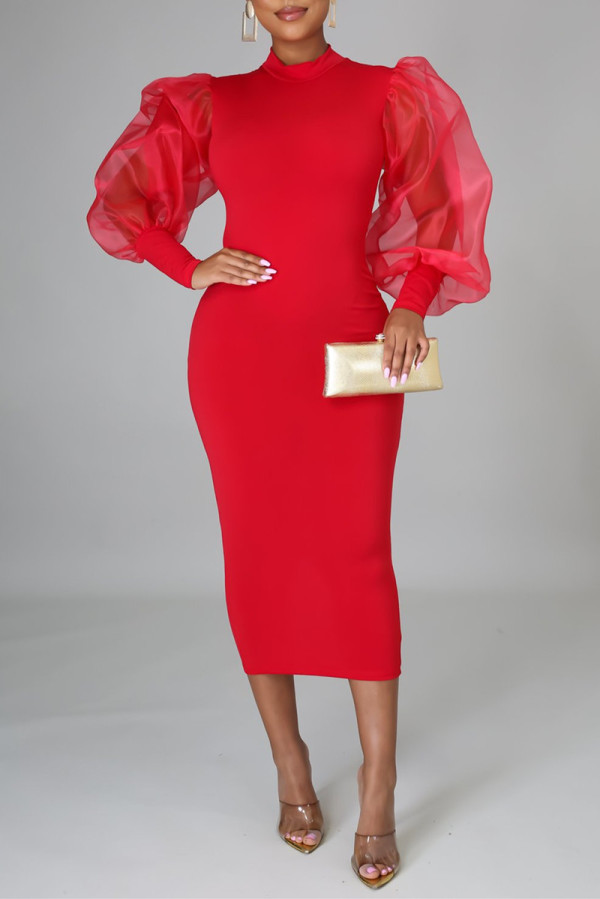Red Fashion Casual Solid Split Joint Half A Turtleneck Long Sleeve Dresses