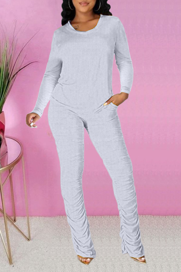 Grey Casual Solid Fold O Neck Long Sleeve Two Pieces