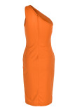 Orange Fashion Sexy Solid Split Joint Backless One Shoulder Sleeveless Dress Dresses