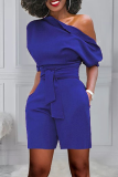 Rose Red Casual Solid Bandage One Shoulder Regular Rompers