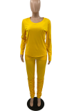 Yellow Casual Solid Fold O Neck Long Sleeve Two Pieces