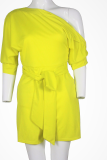 Rose Red Casual Solid Bandage One Shoulder Regular Rompers