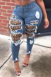 Dark Blue Fashion Casual Leopard Patchwork Plus Size Jeans