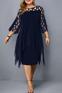 Deep Blue Casual Solid Lace O Neck Straight Plus Size Dresses