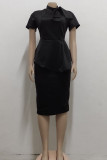 Black Casual Solid Patchwork Asymmetrical With Bow O Neck One Step Skirt Dresses