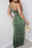 Army Green Sexy Solid Hollowed Out Split Joint Fold One Shoulder Sleeveless Two Pieces