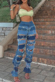 Blue Street Solid Ripped Hollowed Out Make Old Split Joint High Waist Denim Jeans