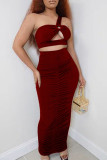 Burgundy Sexy Solid Hollowed Out Patchwork Fold One Shoulder Sleeveless Two Pieces