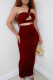 Burgundy Sexy Solid Hollowed Out Patchwork Fold One Shoulder Sleeveless Two Pieces