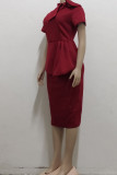 Burgundy Casual Solid Patchwork Asymmetrical With Bow O Neck One Step Skirt Dresses