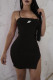 Black Fashion Sexy Print Slit Spaghetti Strap One Step Skirt Dresses