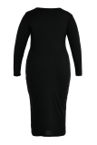 Black Sexy Solid Split Joint V Neck Pencil Skirt Plus Size Dresses