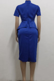Blue Casual Solid Patchwork Asymmetrical With Bow O Neck One Step Skirt Dresses