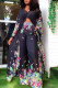 Black Street Print Patchwork Buttons V Neck Long Sleeve Two Pieces