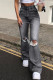 Black Gray Casual Street Ripped Patchwork High Waist Boot Cut Denim Jeans