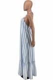 Blue White Fashion Casual Striped Print Backless Halter Sleeveless Dress