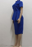 Blue Casual Solid Patchwork Asymmetrical With Bow O Neck One Step Skirt Dresses