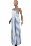 Blue White Fashion Casual Striped Print Backless Halter Sleeveless Dress