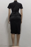 Black Casual Solid Patchwork Asymmetrical With Bow O Neck One Step Skirt Dresses