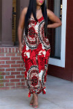 Red Sexy Casual Print Backless Spaghetti Strap Loose Jumpsuits