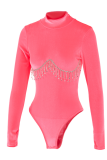 Rose Red Sexy Patchwork Rhinestone Half A Turtleneck Skinny Bodysuits