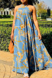Light Blue Elegant Print Patchwork Halter A Line Dresses