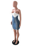 Blue Fashion Sexy Patchwork Bandage Backless Spaghetti Strap Denim Dress