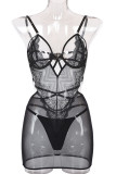 Black Sexy Solid Hollowed Out Patchwork See-through Valentines Day Lingerie