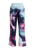 Purple Street Print Patchwork Loose High Waist Straight Full Print Bottoms