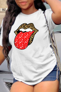 White Casual Street Lips Printed Split Joint O Neck T-Shirts