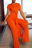 Tangerine Casual Solid Split Joint Slit O Neck Plus Size Two Pieces