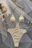 Gold Sexy Solid Bandage Hollowed Out Patchwork Swimwears