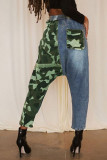 Tibetan Blue Daily Print Patchwork Mid Waist Pencil Bottoms