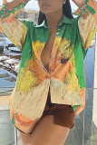Green Casual Print Patchwork Shirt Collar Tops