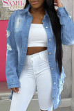 Deep Blue Fashion Casual Solid Ripped Turndown Collar Long Sleeve Regular Denim Jacket