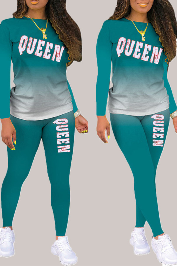 Dark Green Living Print Patchwork O Neck Long Sleeve Two Pieces