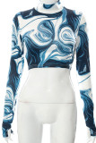 Blue Sexy Print Patchwork Backless Half A Turtleneck Tops