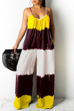 Yellow Fashion Casual Print Backless Spaghetti Strap Regular Jumpsuits