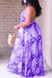 Purple Fashion Sexy Plus Size Print Backless Fold O Neck Sleeveless Dress